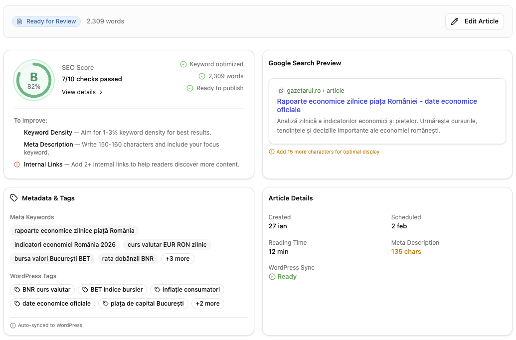 SEOAuto article review interface with SEO Score card showing B grade 82%, Google Search Preview, improvement suggestions, and metadata tags