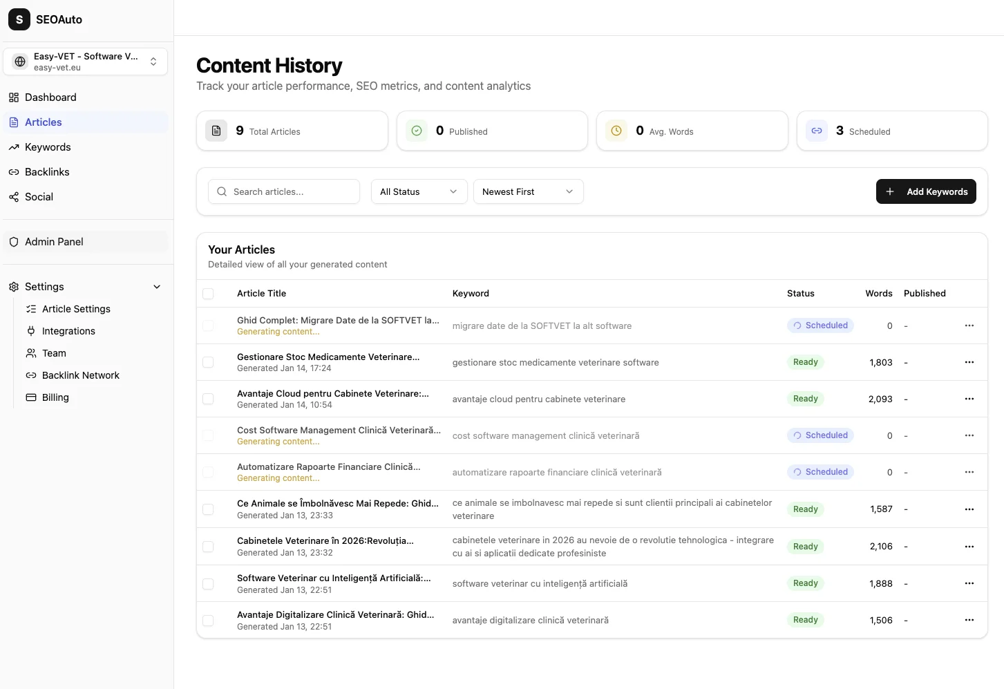 SEOAuto AI-generated articles management
