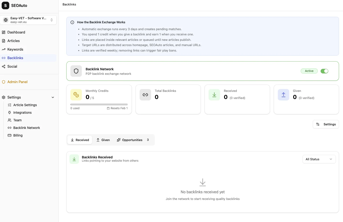 SEOAuto backlinks dashboard showing transparent link sources with domain authority and verification status